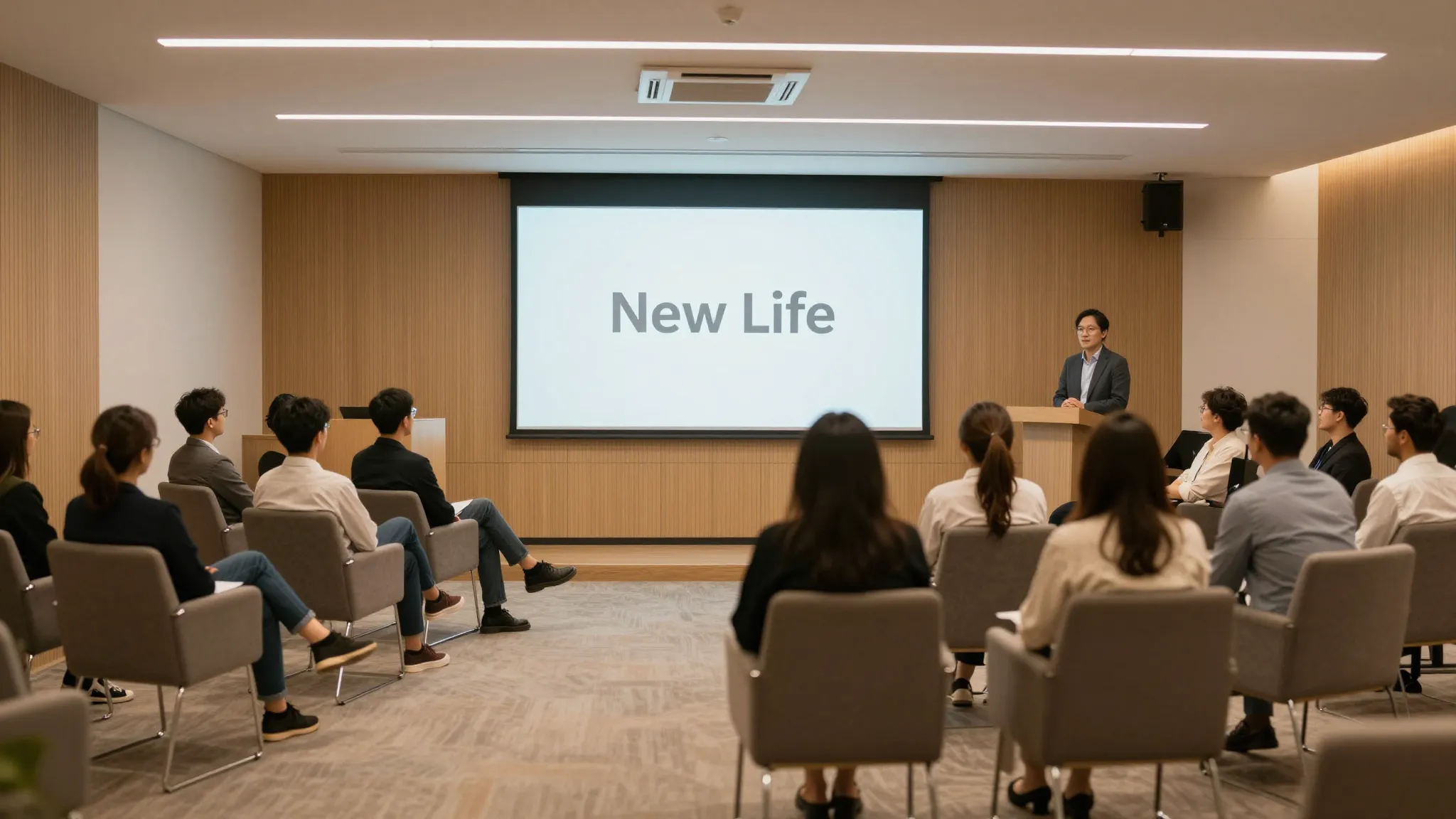 A modern conference room with a large screen showing the wor...