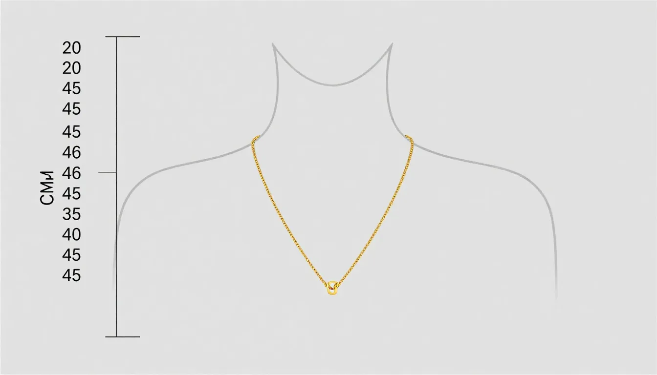 A minimalist diagram showing a gold necklace length of 40-45...
