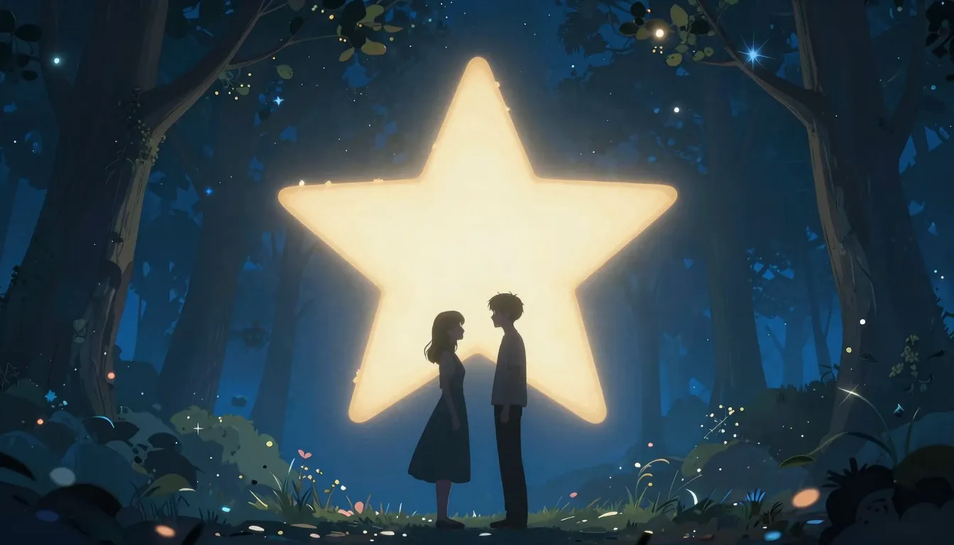 A romantic scene of two people silhouettes under a giant glo...