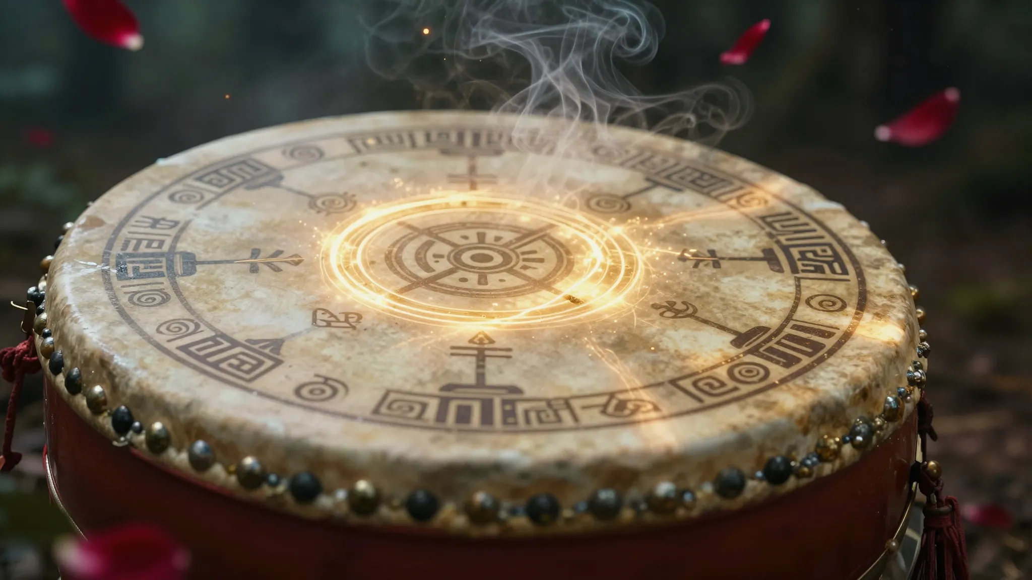 A close-up of a mystical shamanic drum with ancient symbols,...