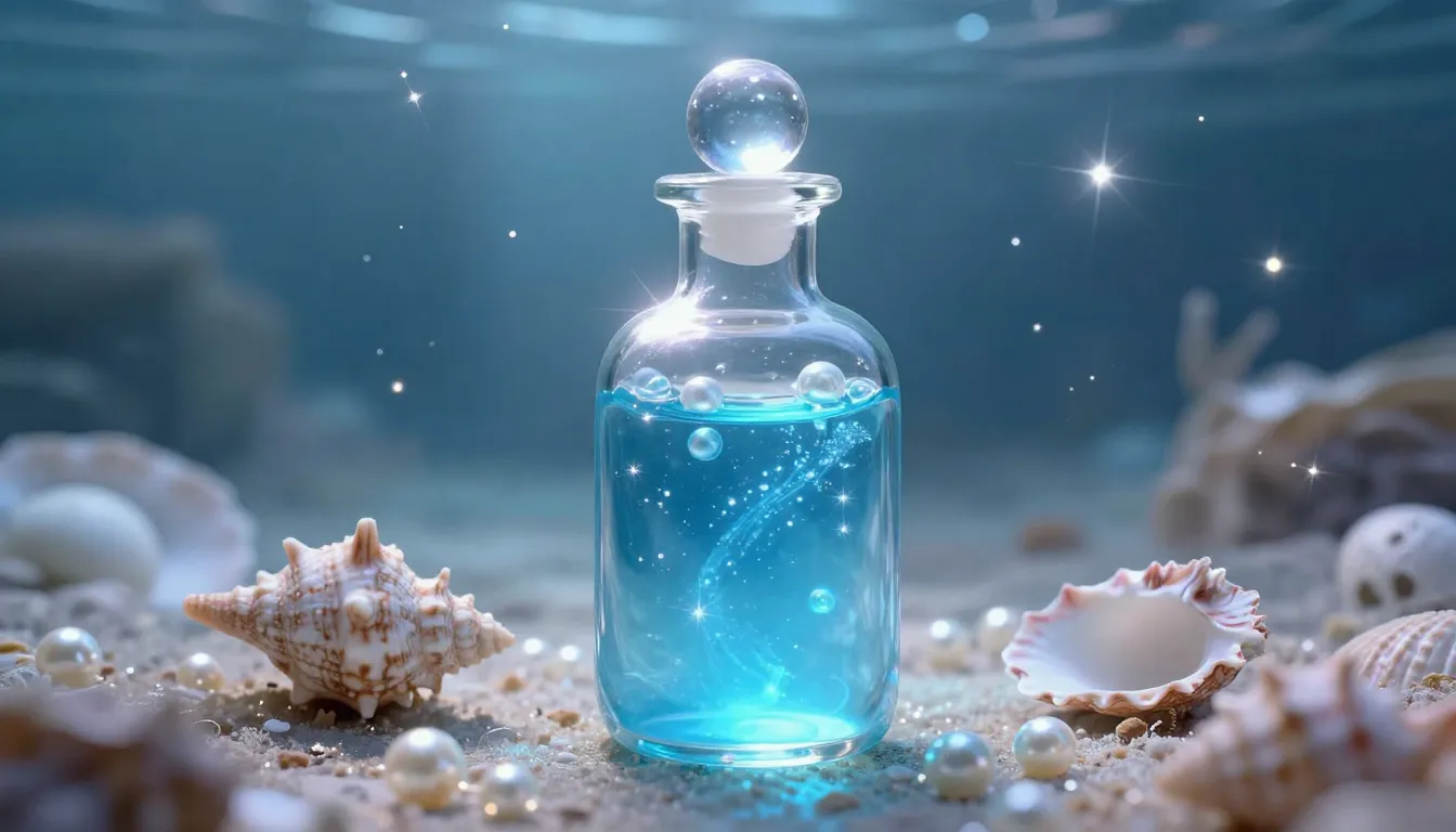 A magical glowing blue potion in a glass bottle with seashel...