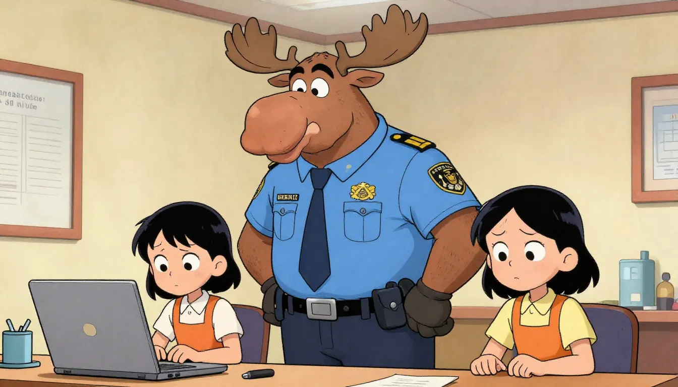 Comic book panel, a tall anthropomorphic moose named Inspect...