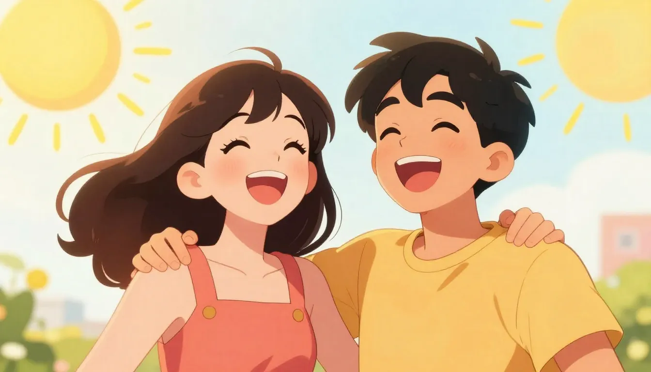 A joyful couple laughing together, bright sunbeams, vibrant ...