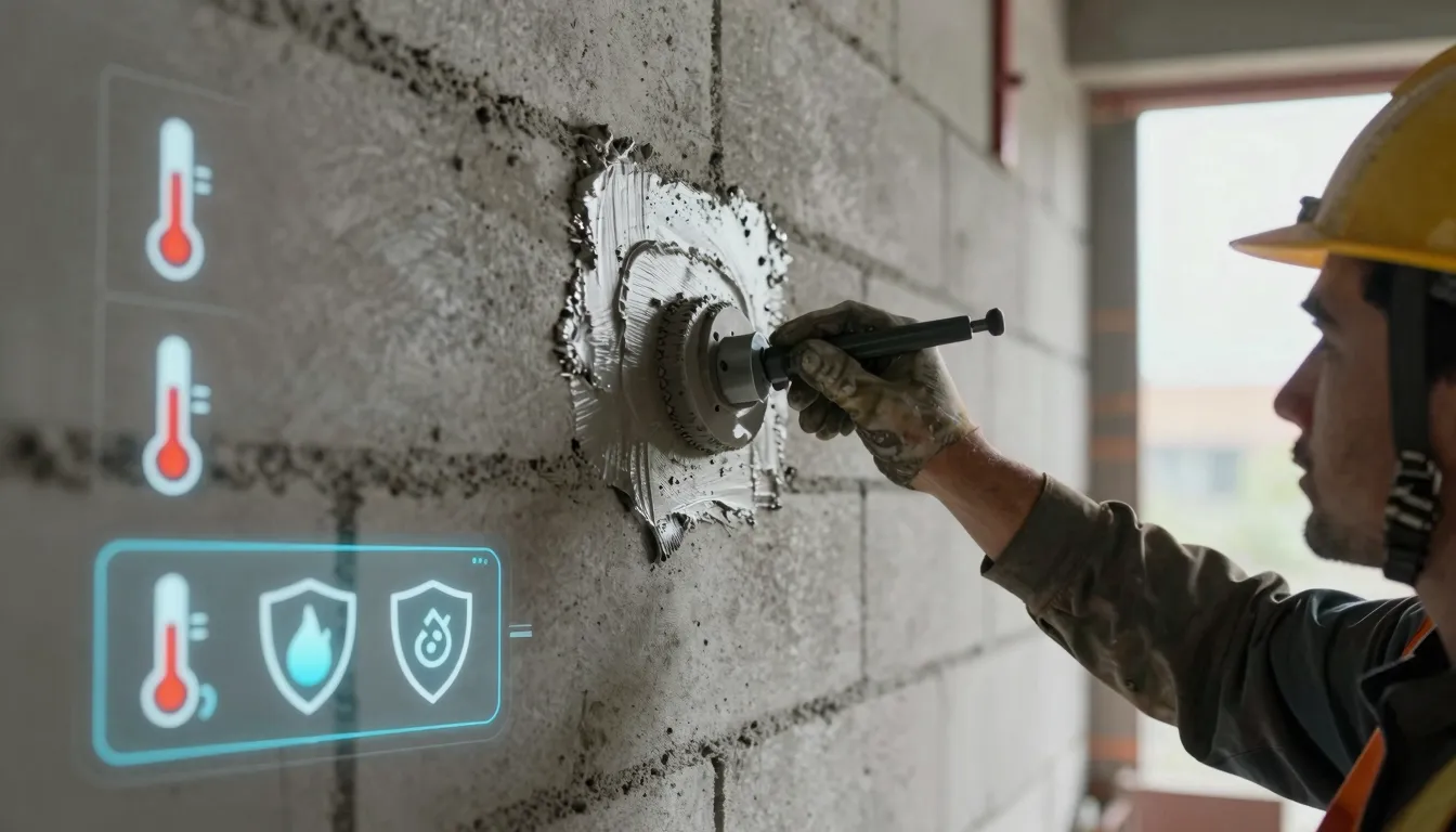 Close-up of a high-tech construction site, a worker applying...