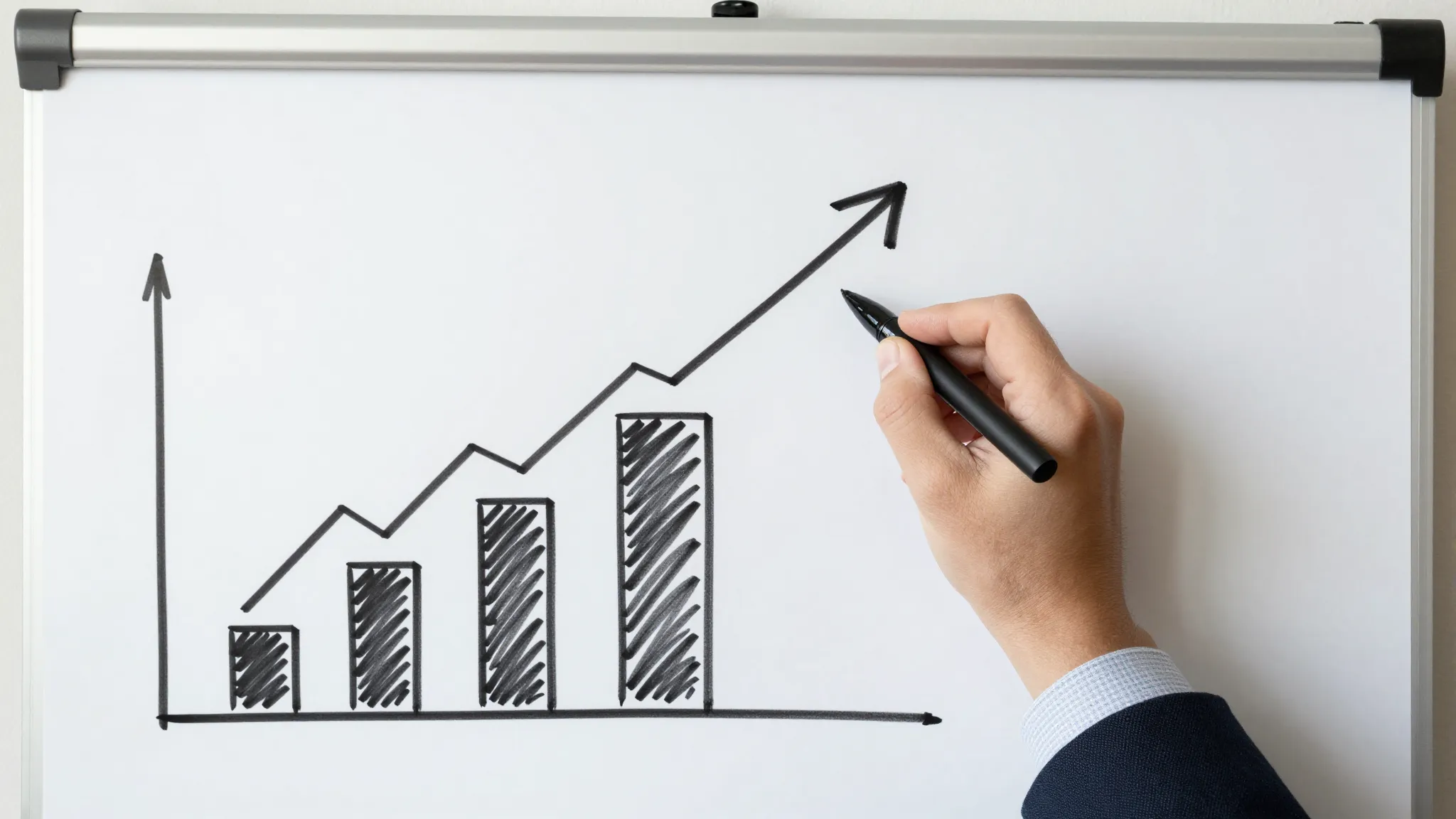 A person drawing a rising arrow on a flipchart, symbolizing ...