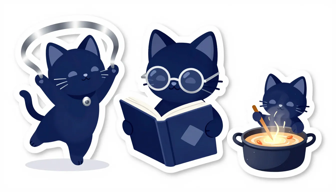 Sticker sheet of a cute dark blue cat, silver accents, cat d...