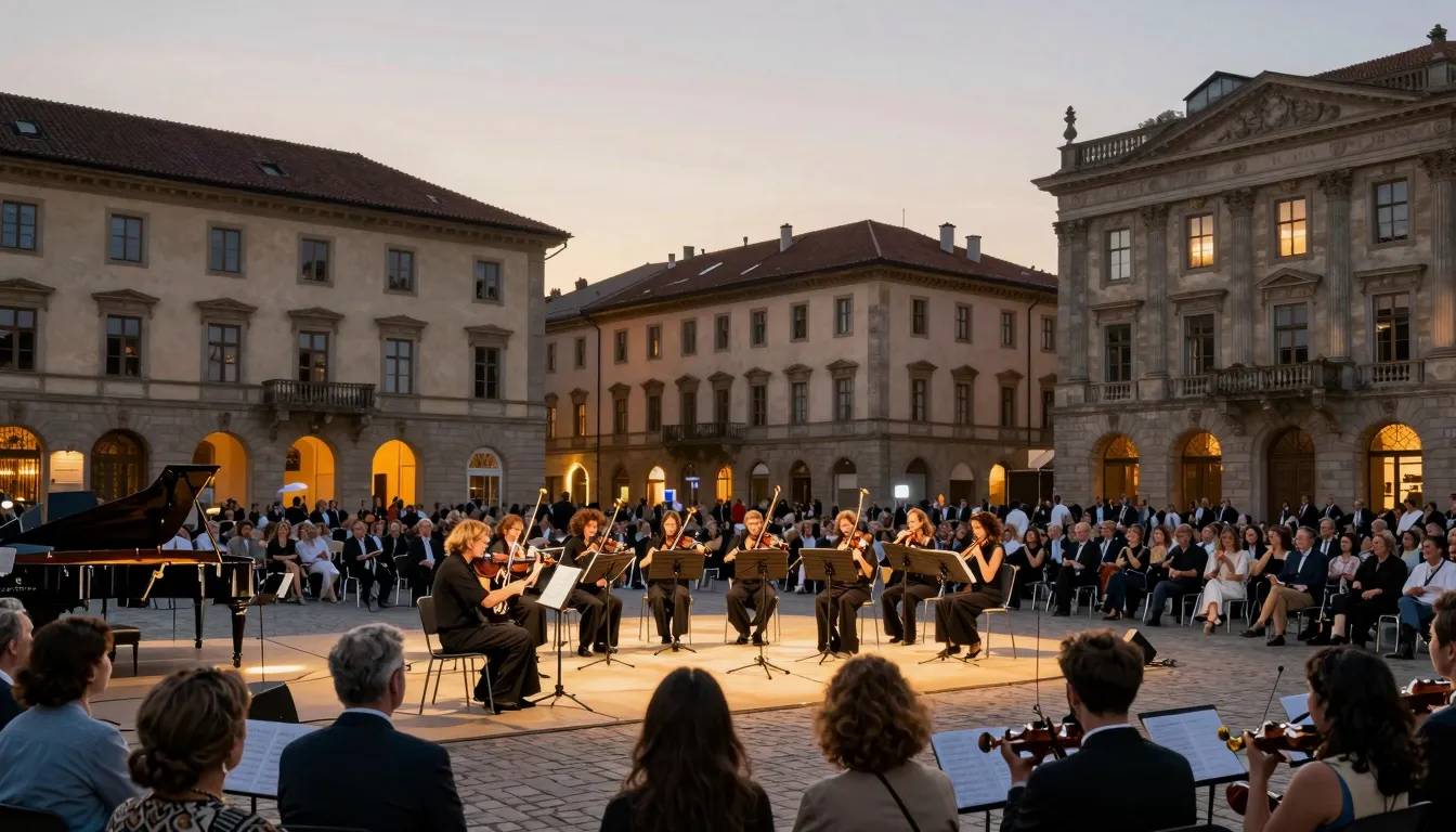 A grand outdoor classical music concert in a historic Europe...