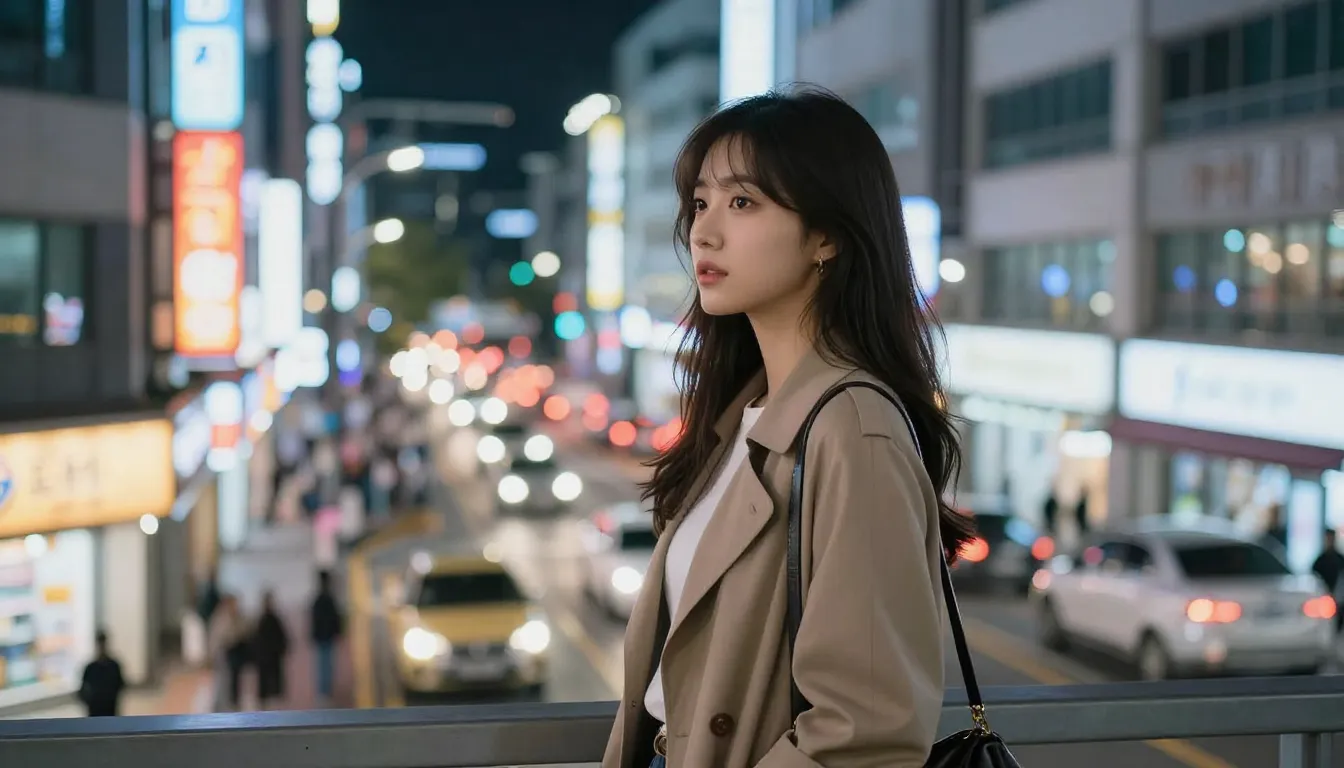 A stylish young woman standing on a balcony overlooking the ...