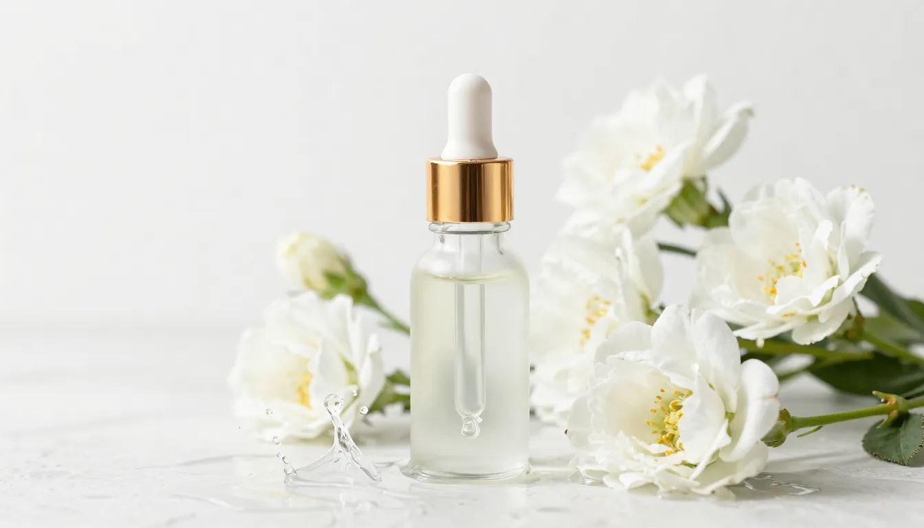 Minimalist skincare product photography, glass serum bottle ...