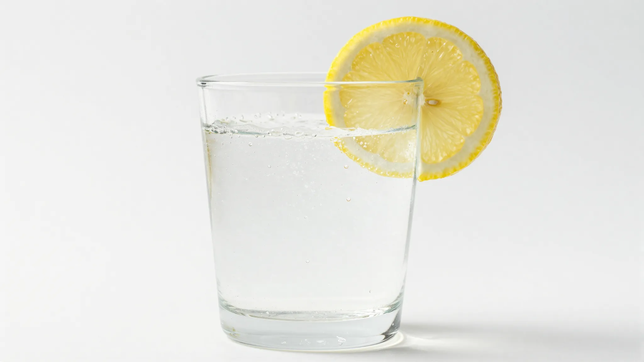 A glass of sparkling mineral water with a slice of lemon on ...