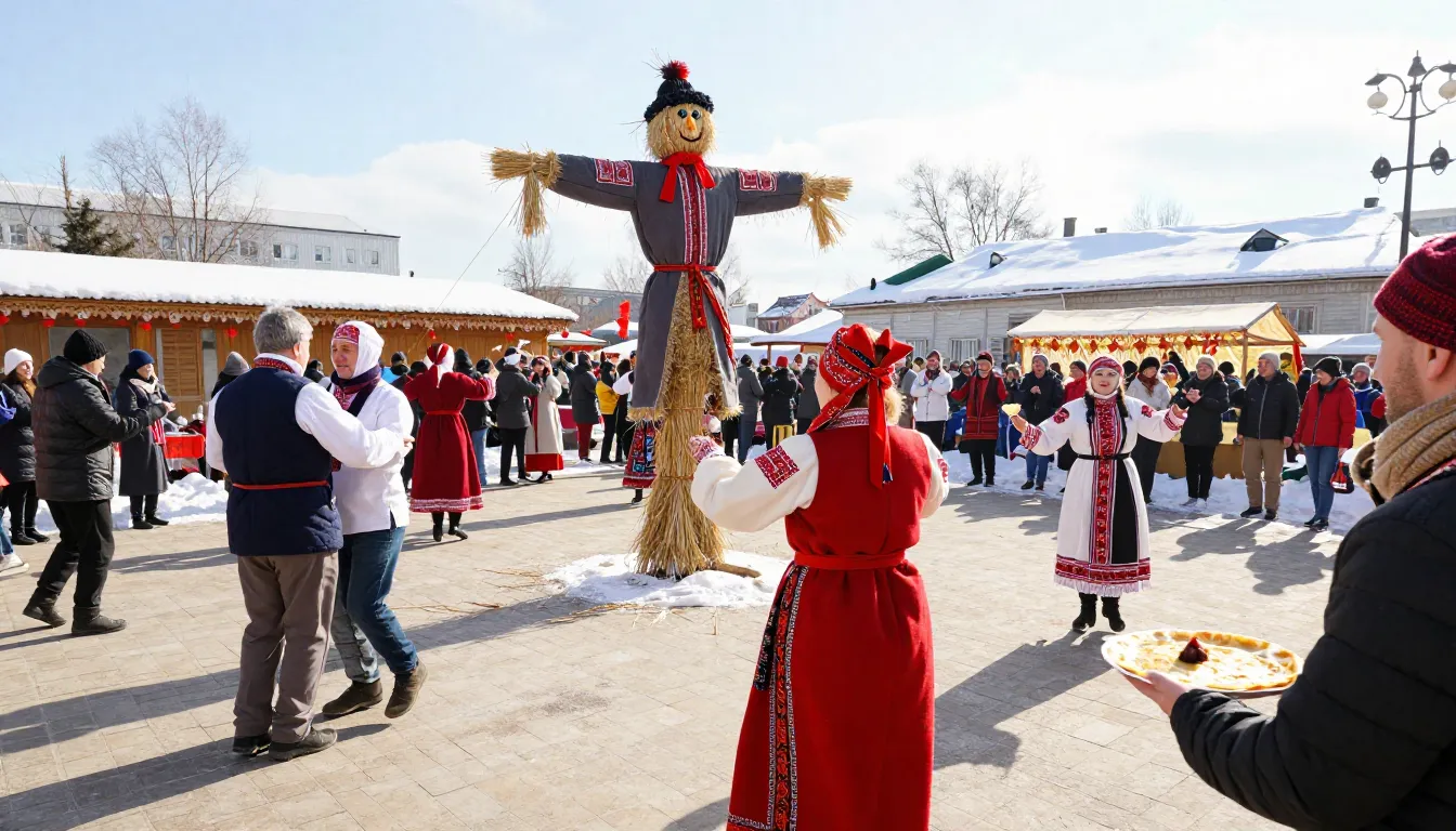 A joyful Russian Maslenitsa celebration with people dancing ...