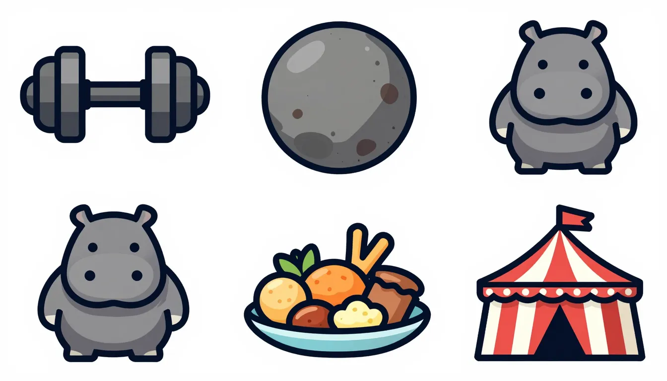 A set of icons for a strong hippo character: a heavy iron du...