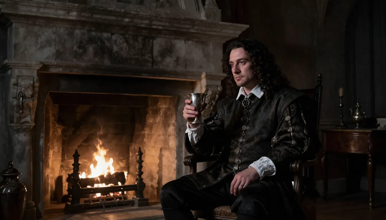 A 16th-century French nobleman sitting alone in a dimly lit ...