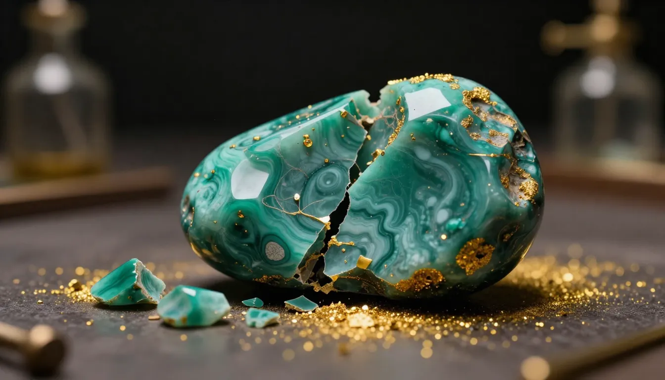 A close-up of a fragile malachite stone breaking into small ...