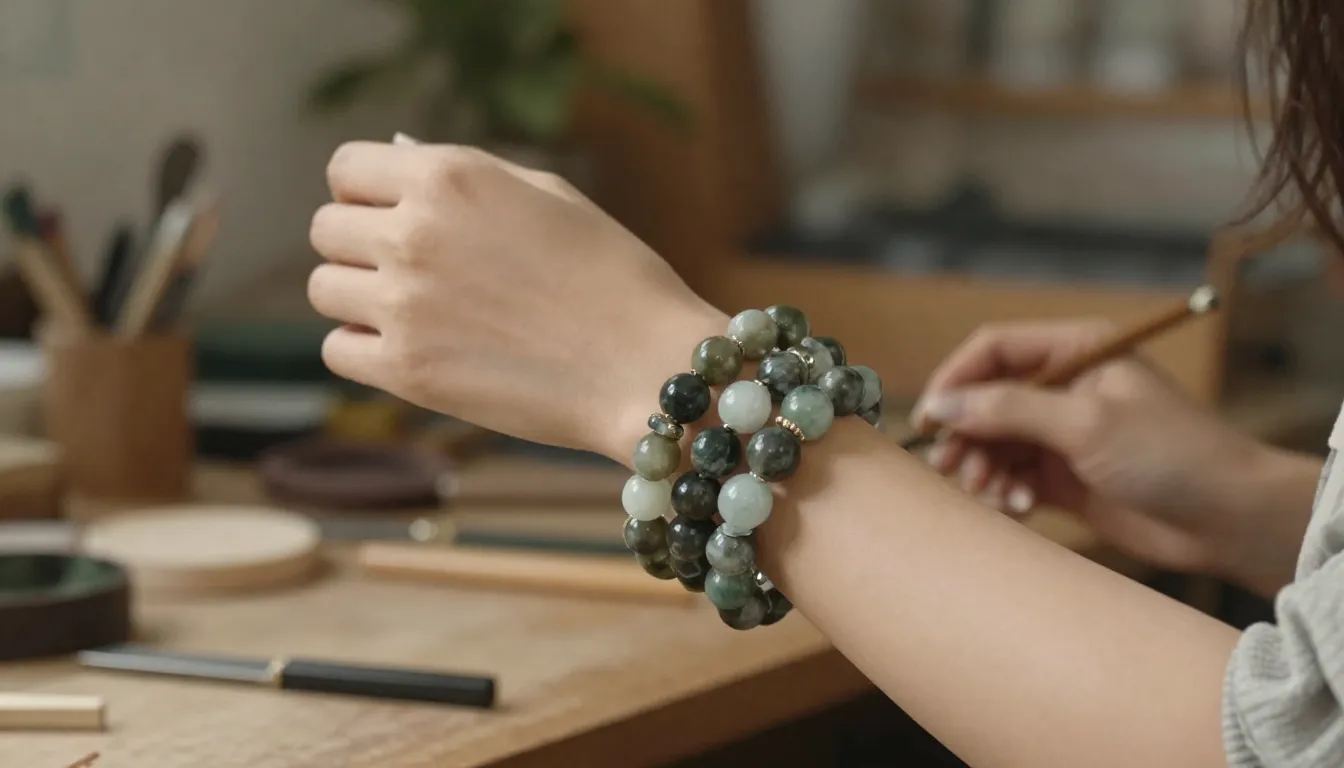 A stylish woman's hand wearing multiple heavy, elegant stone...