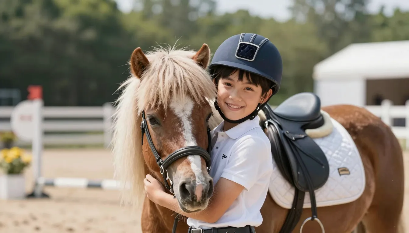 A happy child hugging a small pony, sunny summer day, profes...