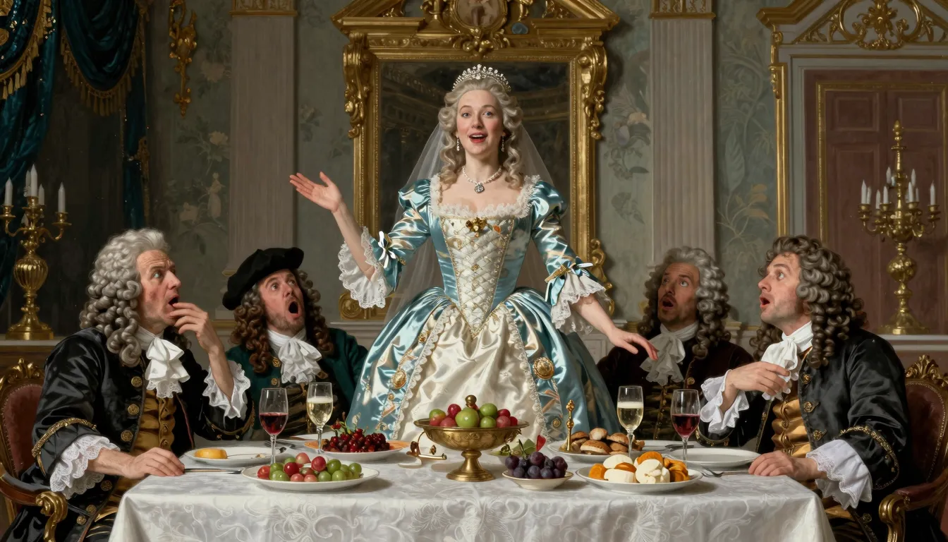 A satirical 17th-century French banquet scene, a drunk bride...