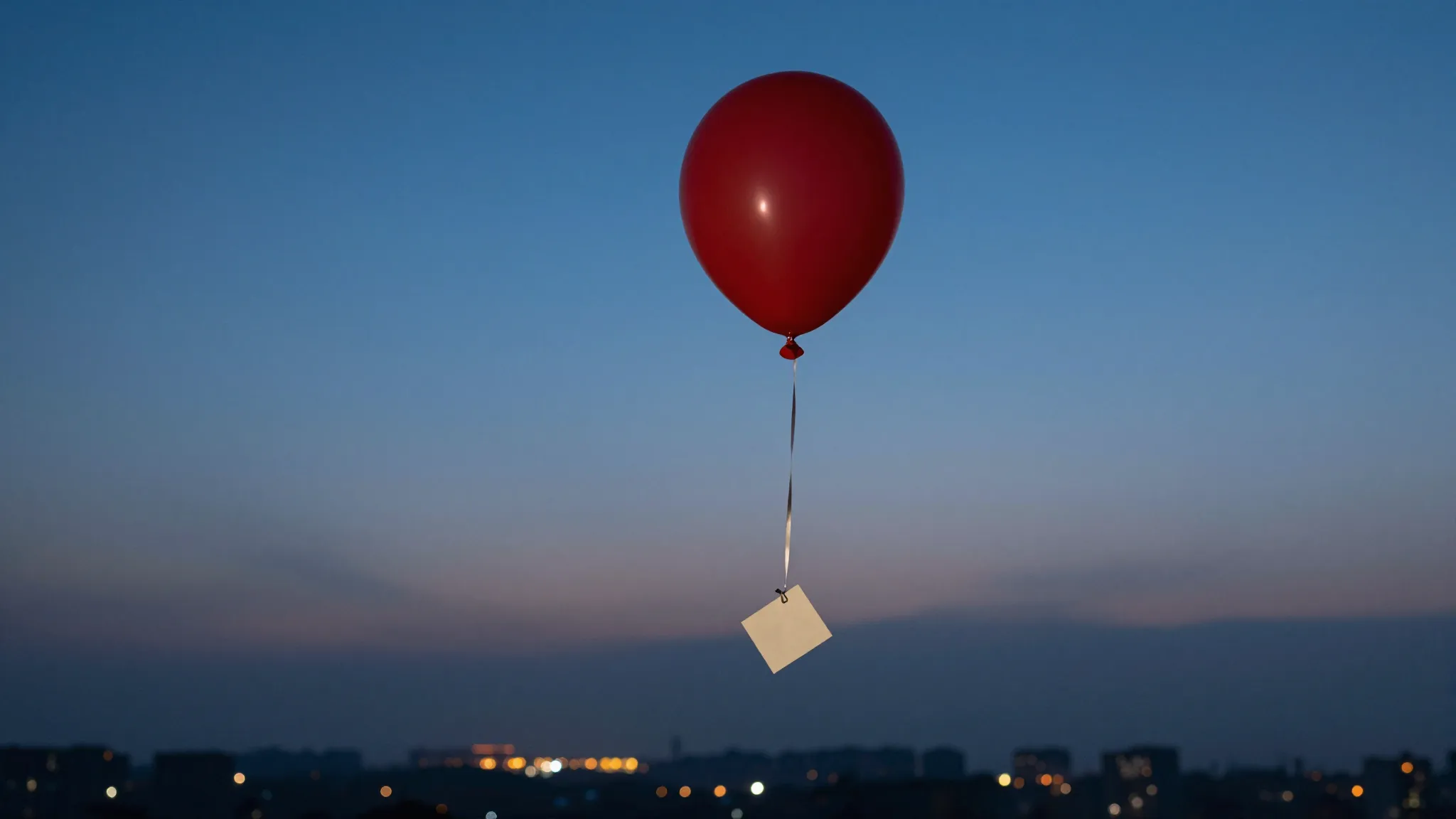 A single red balloon flying high into a deep blue twilight s...