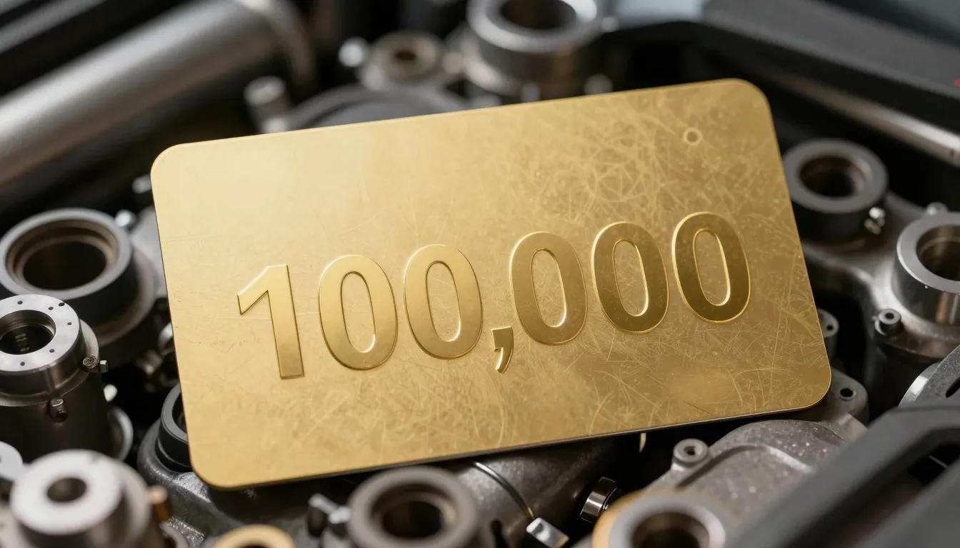 Golden gift card with 100,000 text on it, surrounded by car ...
