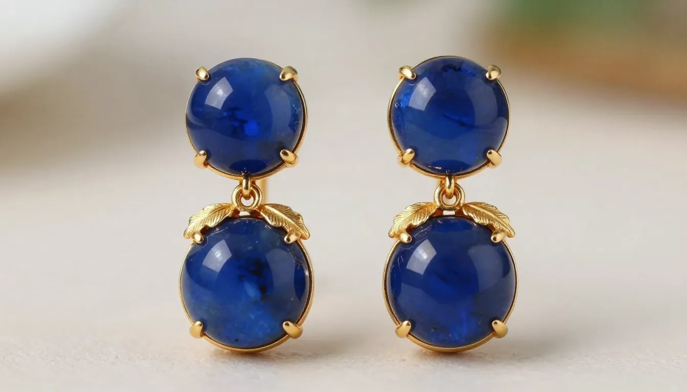 Close-up of luxury earrings with round blue sodalite stones ...