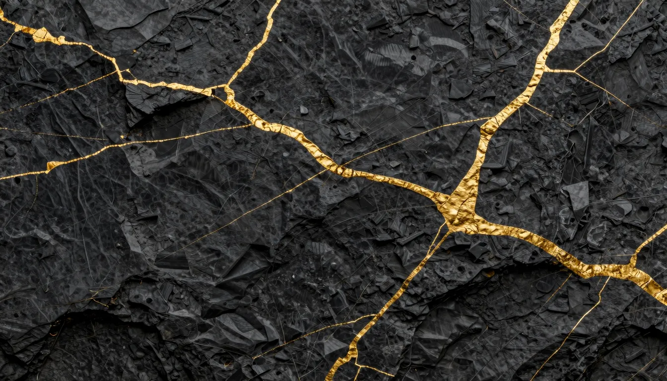 Abstract background of weathered dark stone with golden crac...
