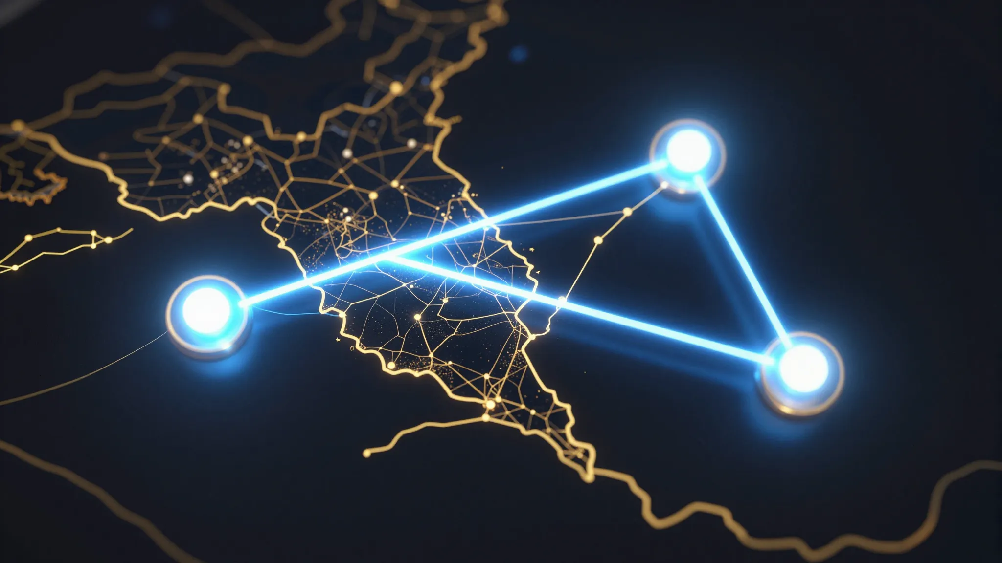 A conceptual digital map showing two glowing nodes connected...