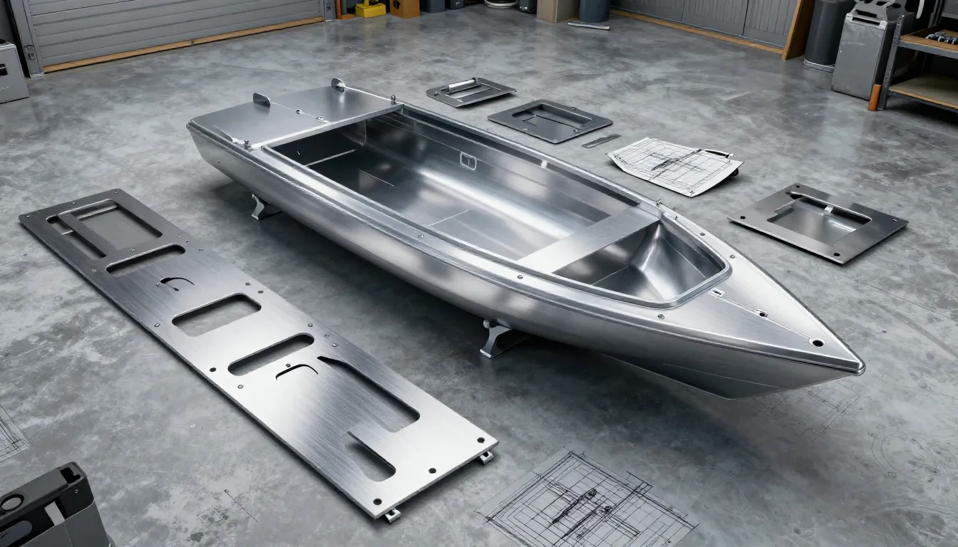 Detailed blueprint of a boat kit parts laid out on a garage ...