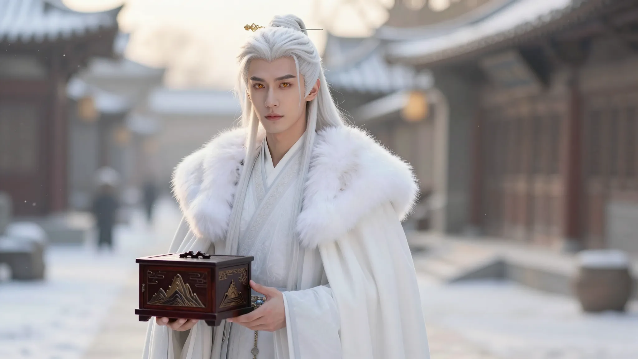 A handsome young man with long flowing white hair and striki...