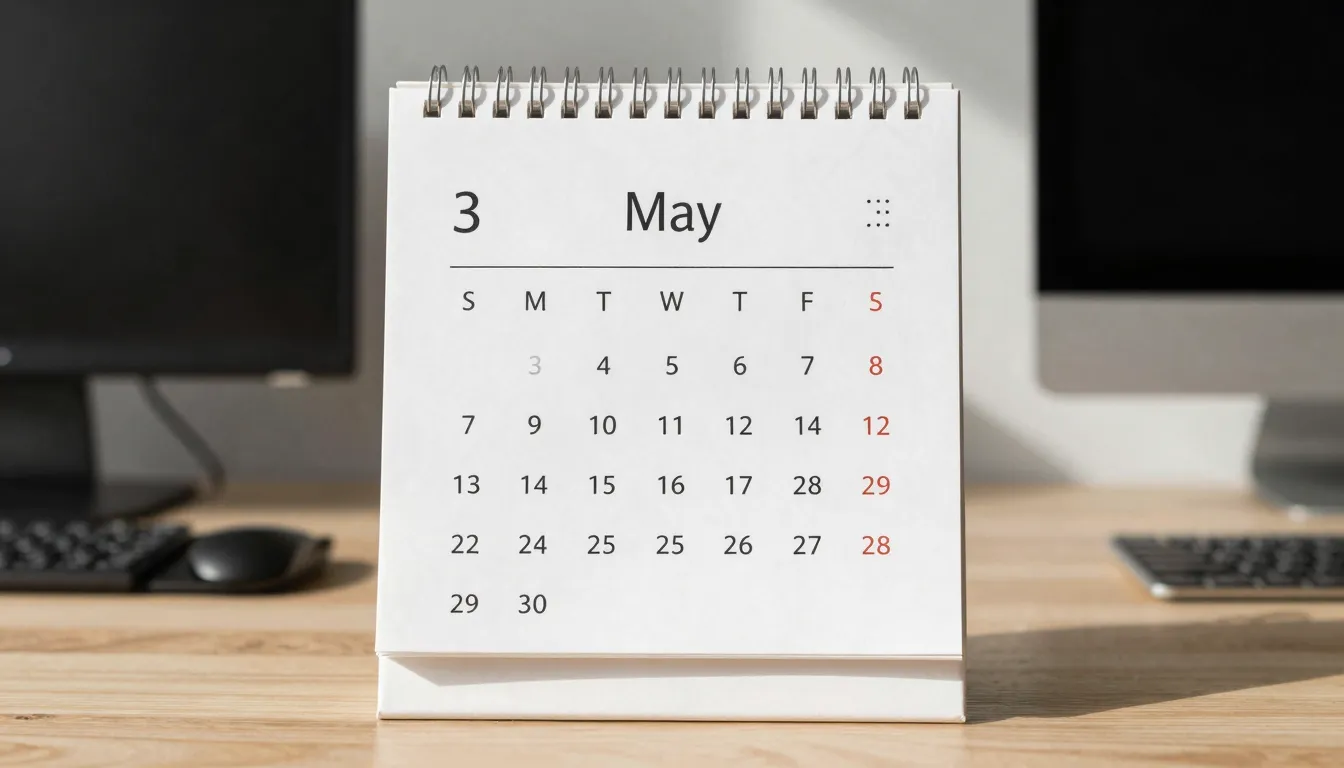 A minimalist calendar page for May 3rd on a stylish office d...