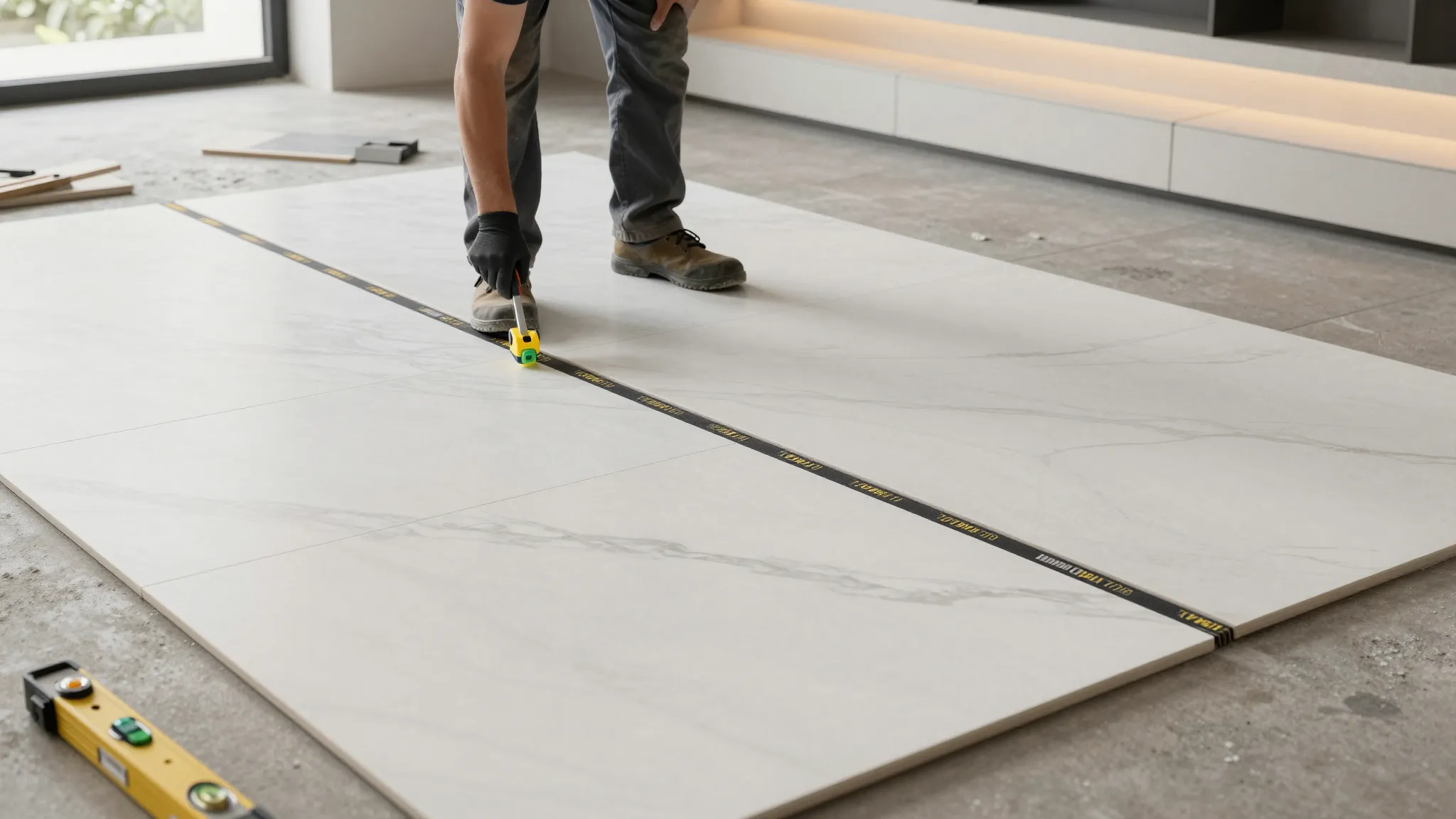 Professional worker laying large format porcelain tiles in a...