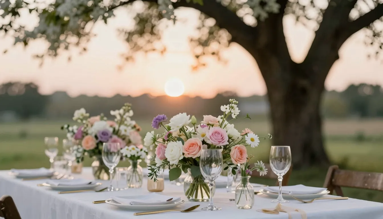 Elegant outdoor wedding table decoration with pastel flowers...