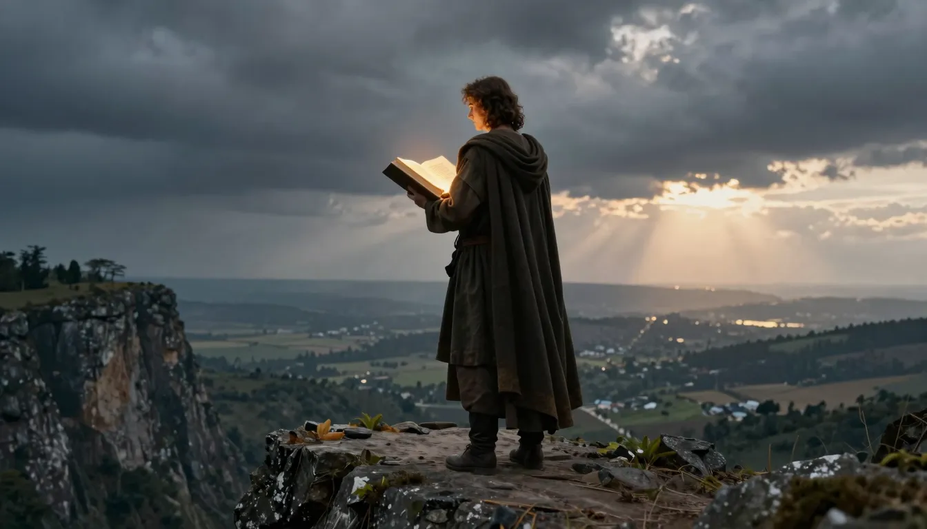 A majestic person holding a glowing book of history, standin...