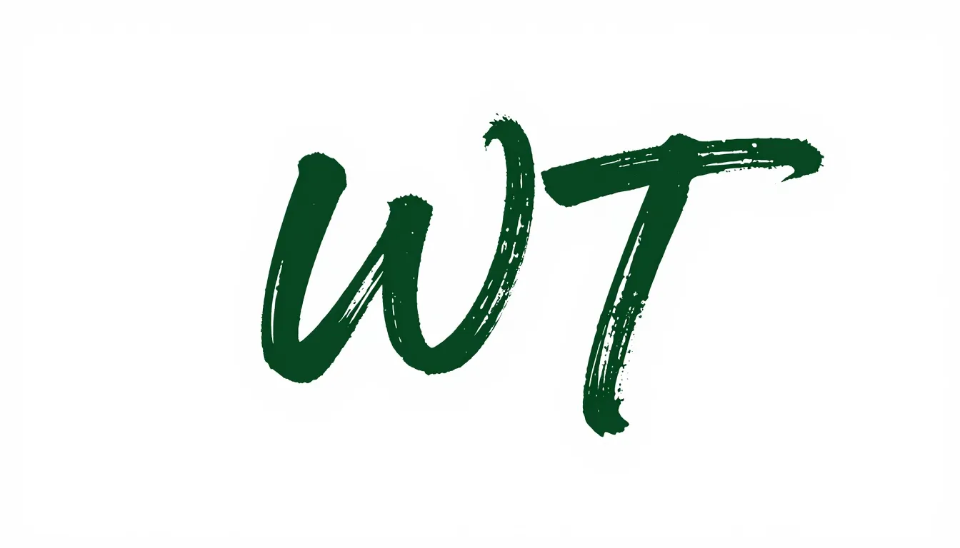 Elegant handwritten calligraphy logo for letters 'WT', flowi...