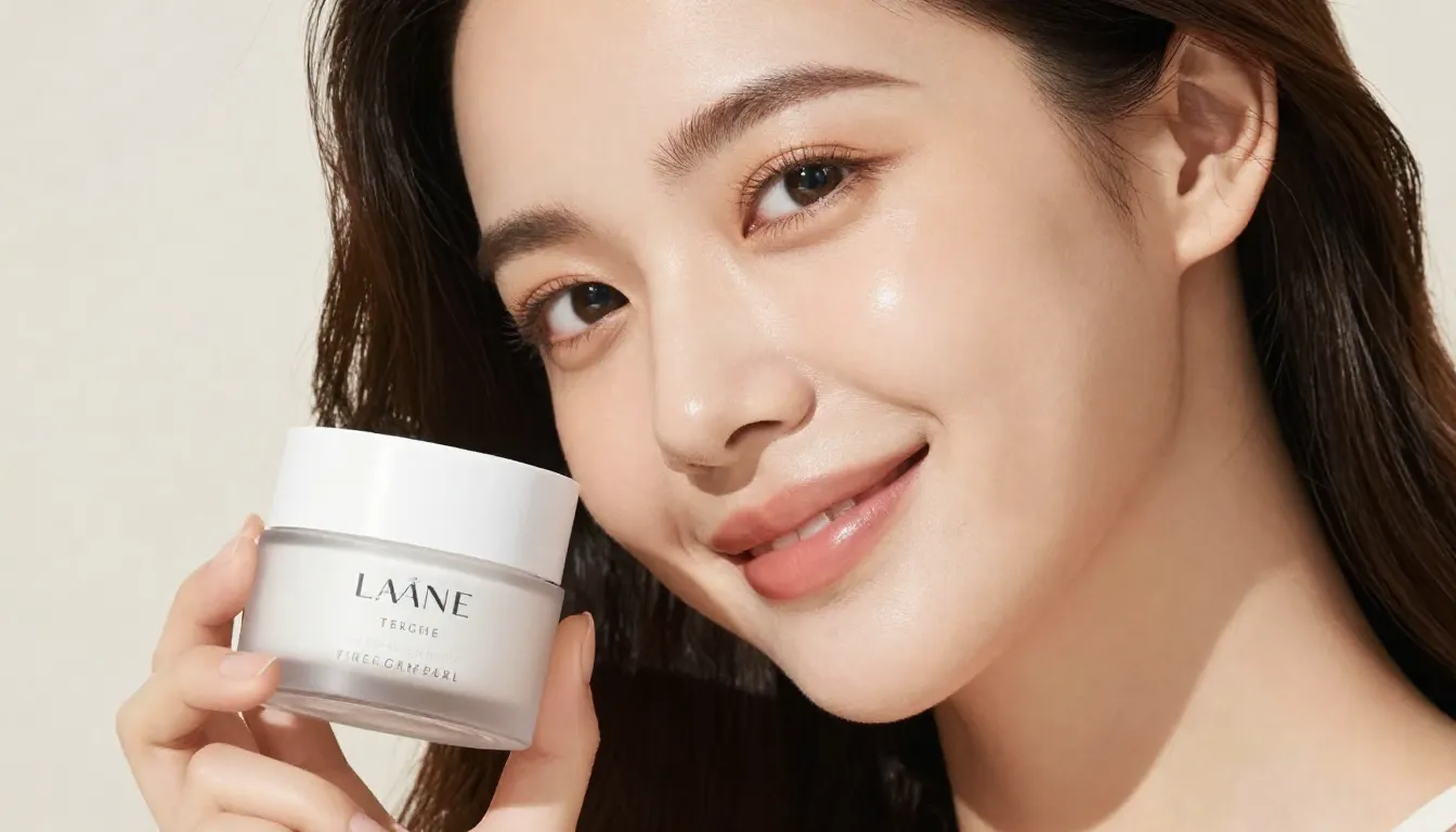 A beautiful woman with glowing clear skin, smiling gently, h...