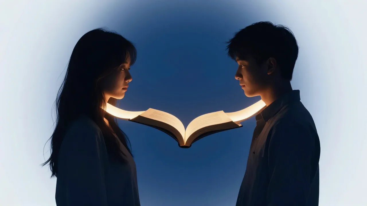 Two translucent silhouettes of people facing each other, con...