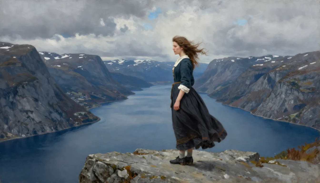 A young woman with wind-blown hair in a 19th-century dress s...