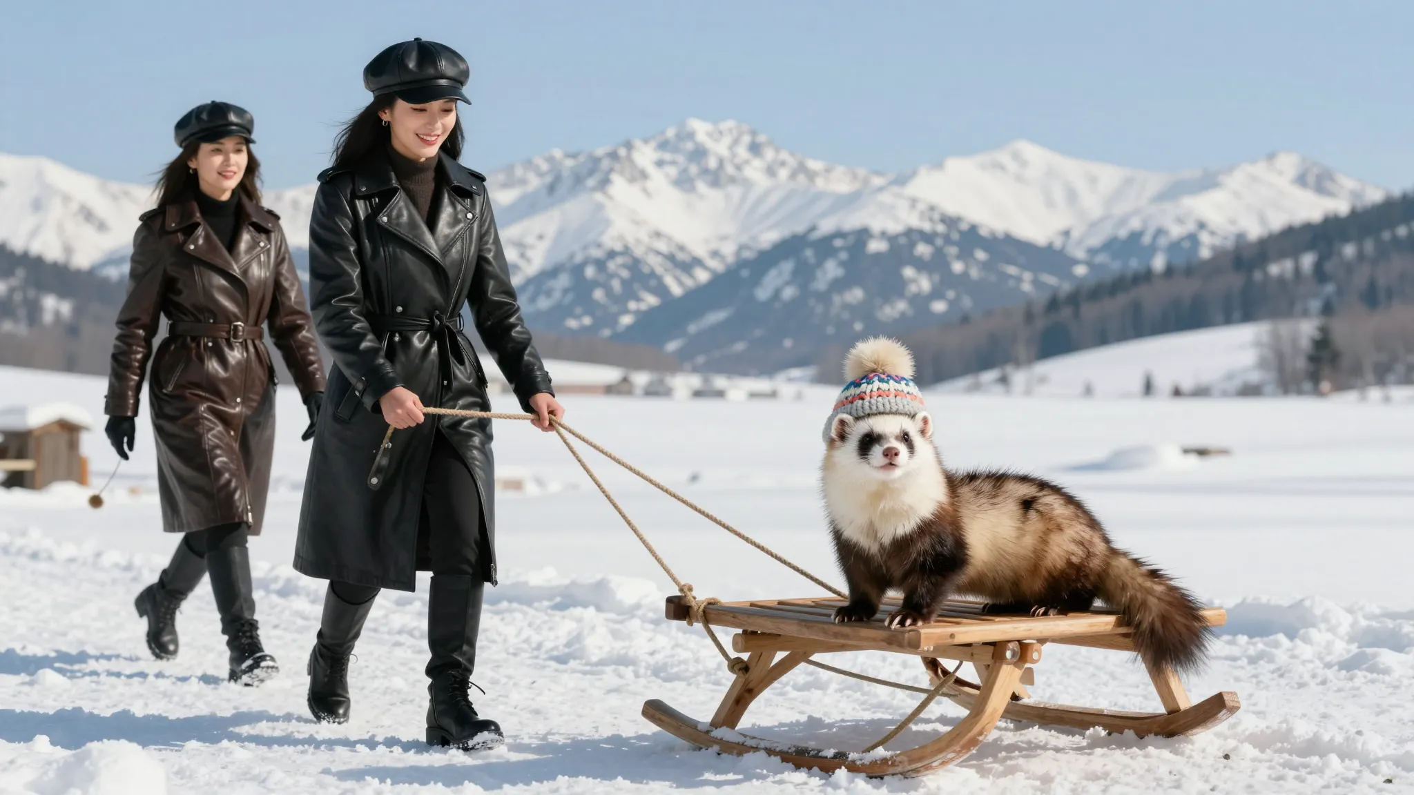 A stylish Chinese woman in a long black leather coat and a b...