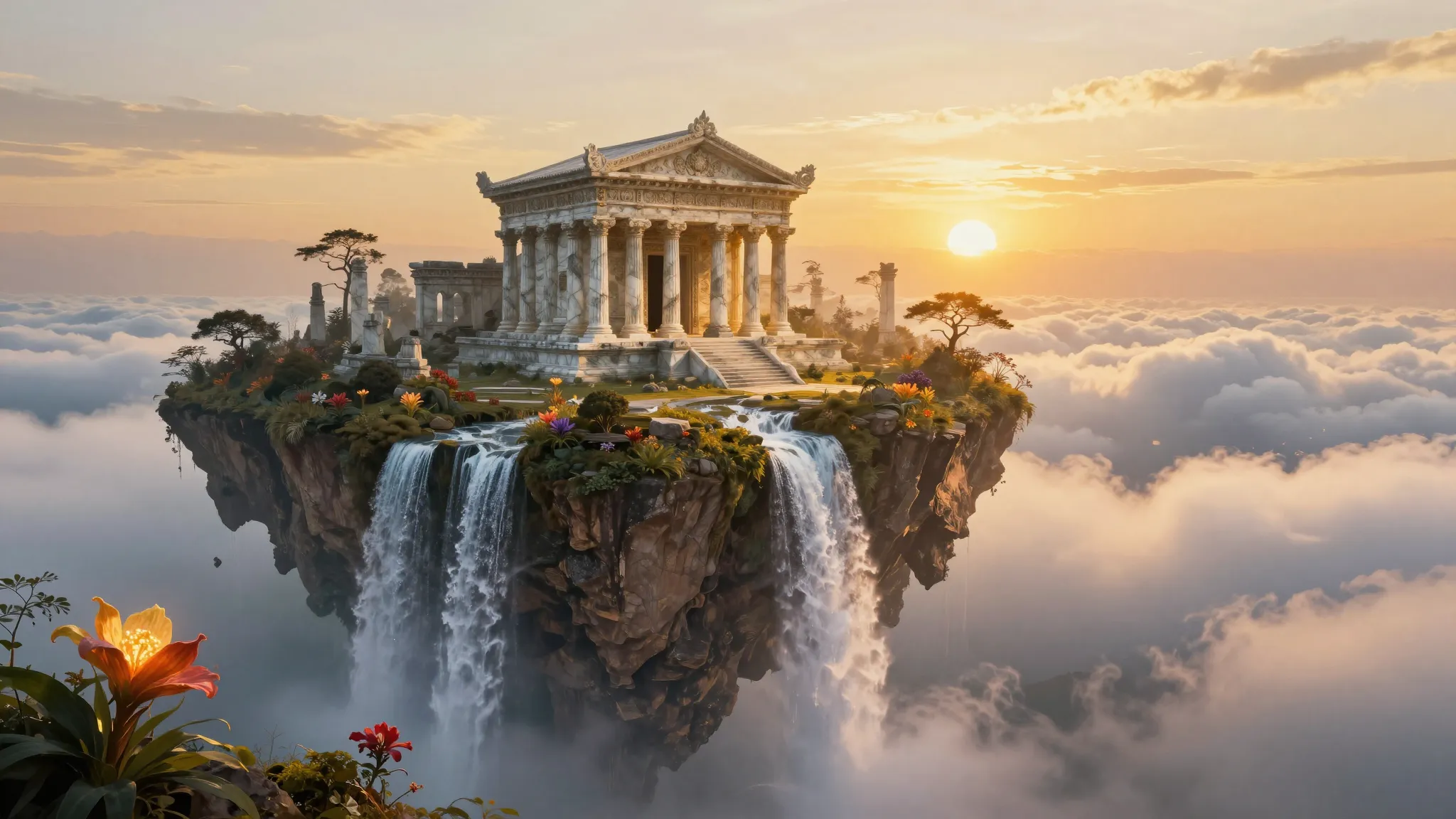 A majestic mythical landscape at sunset, golden hour lightin...