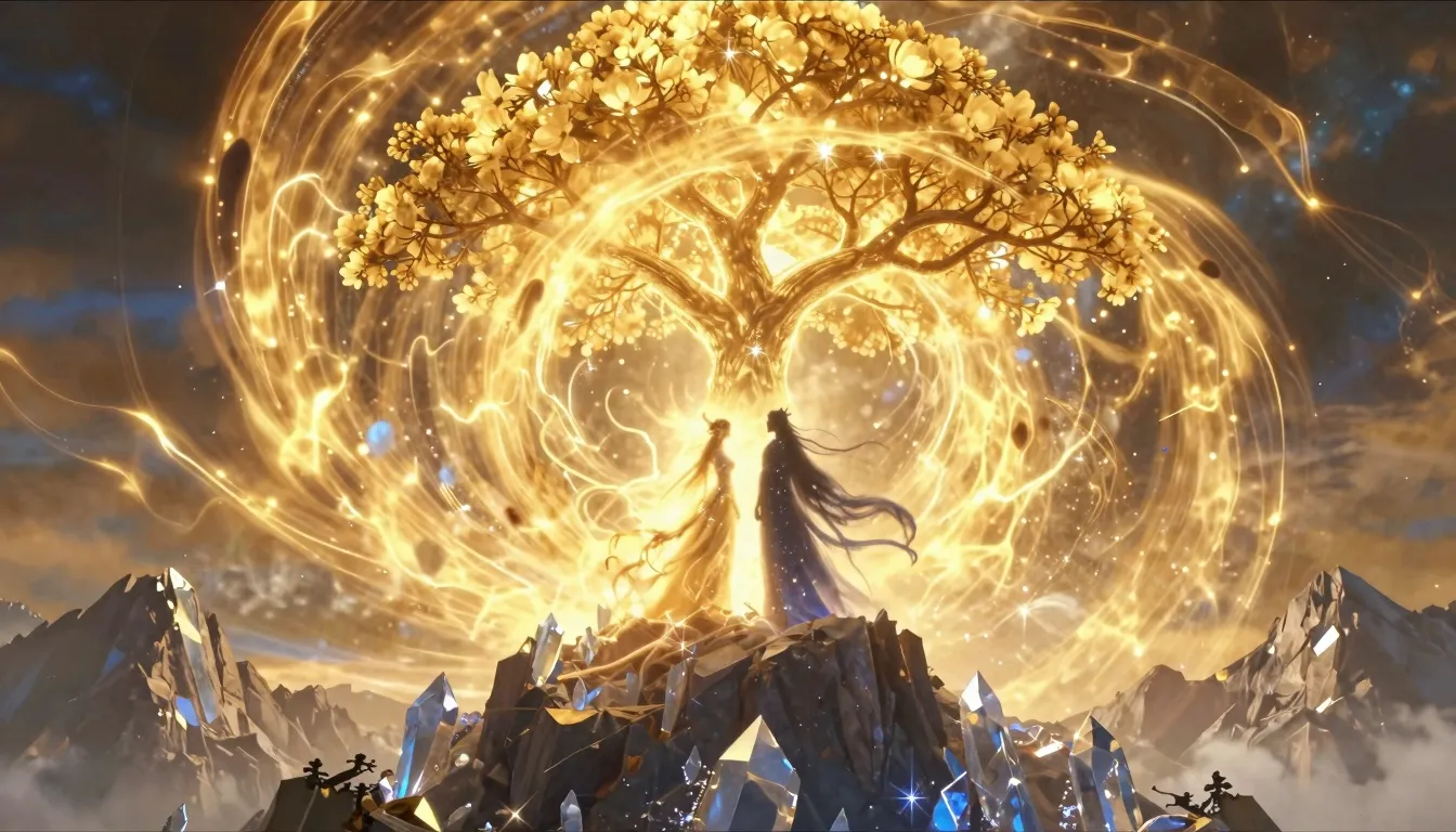 A cinematic wide shot of a golden vortex of energy swirling ...