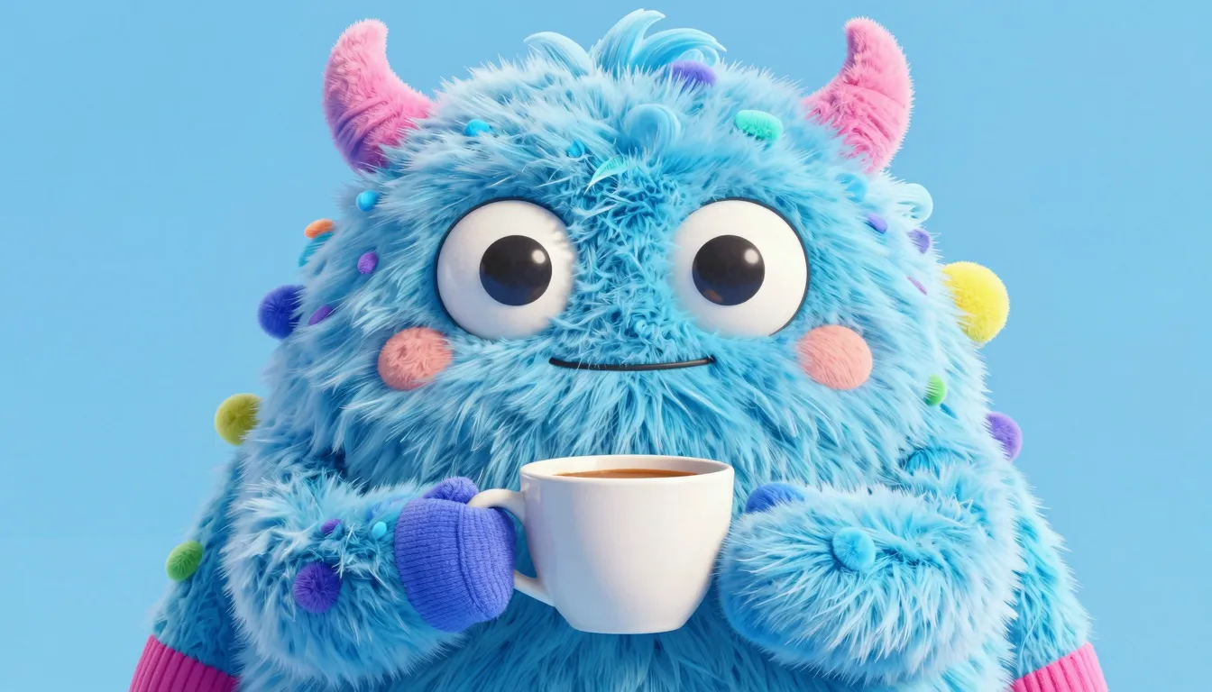 A cute fluffy monster with big eyes holding a cup of coffee,...