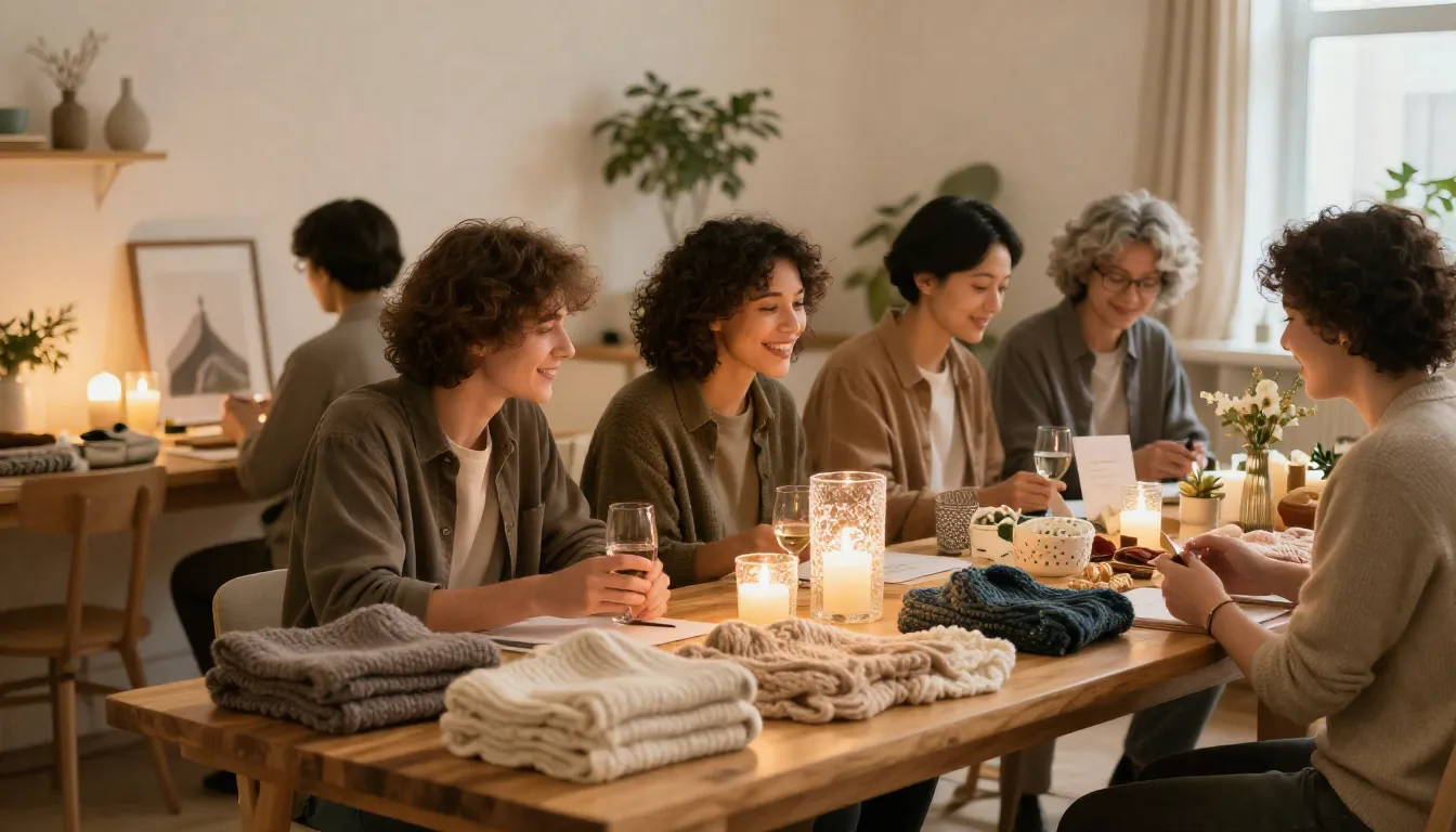 A warm and inviting charity fair scene, wooden tables with k...
