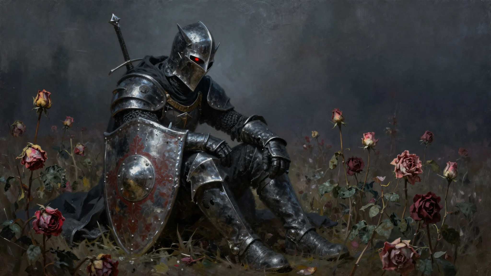 A weary dark knight with a broken shield sitting in a field ...