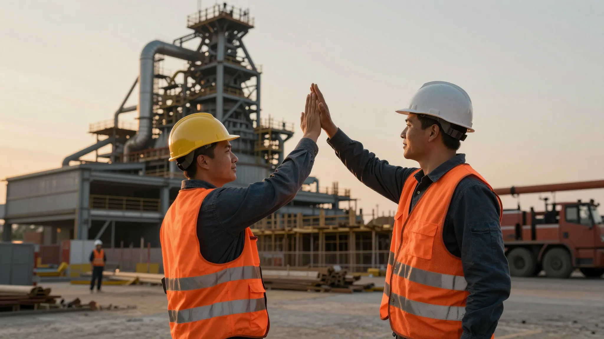 Strong construction workers in orange vests high-fiving in f...