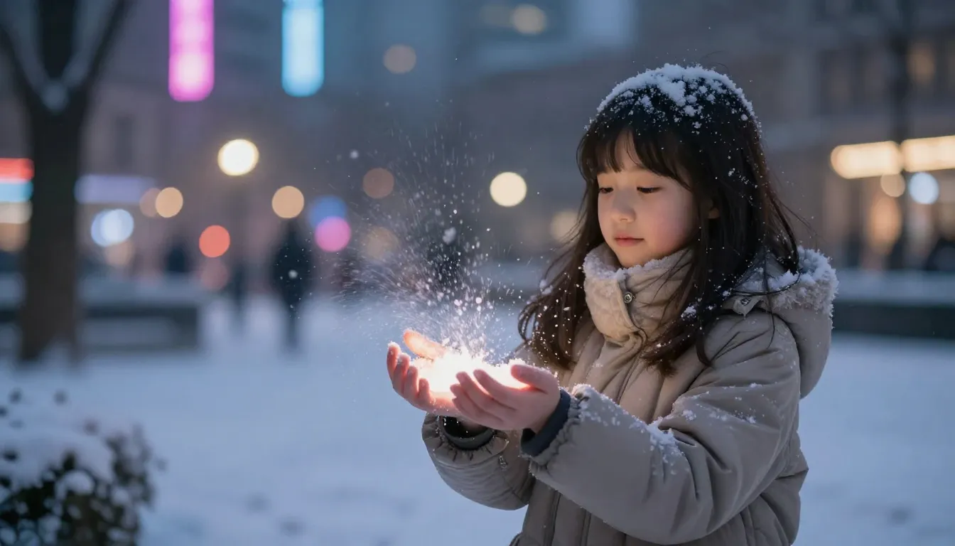 A magical night scene in a city park. A girl in a winter coa...