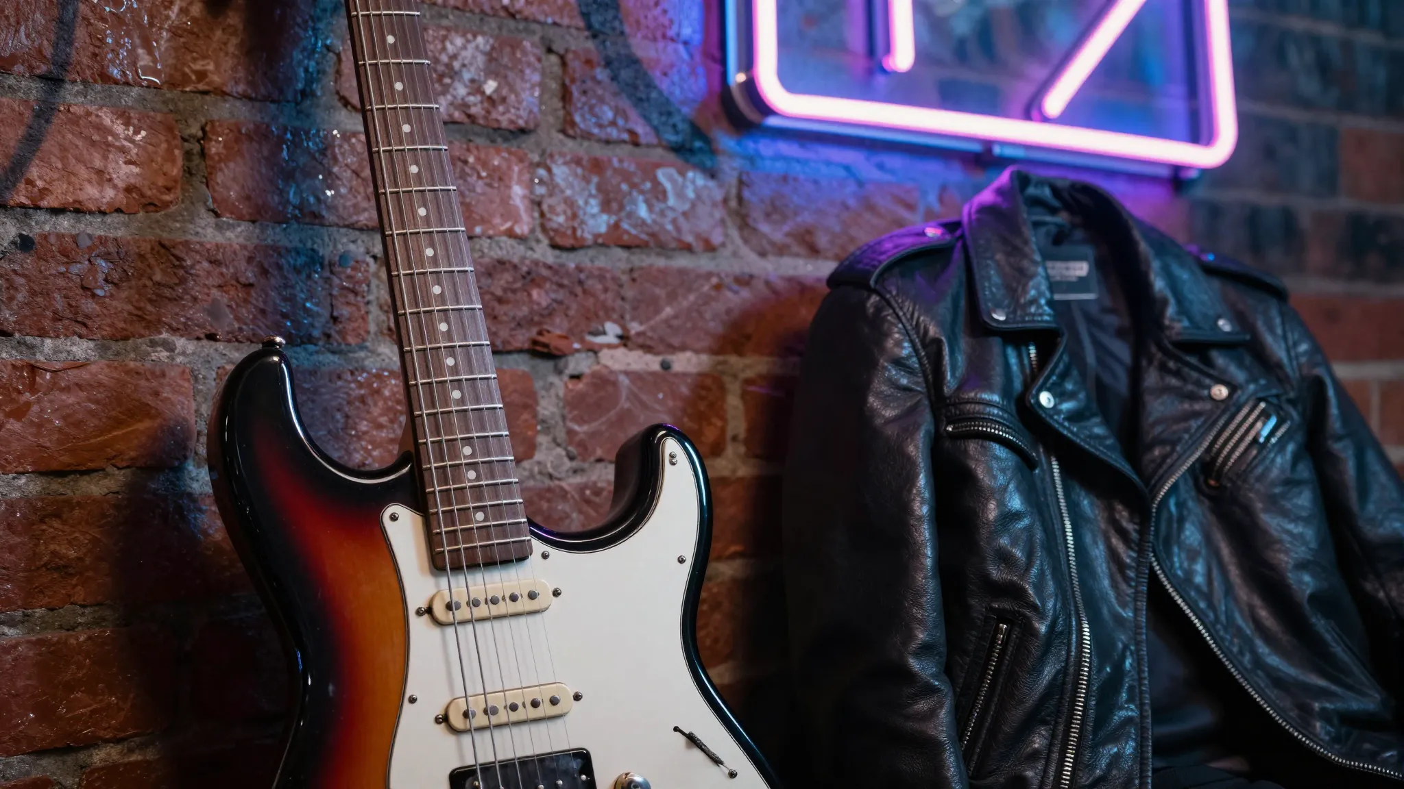 Close up of an electric guitar leaning against a brick wall ...