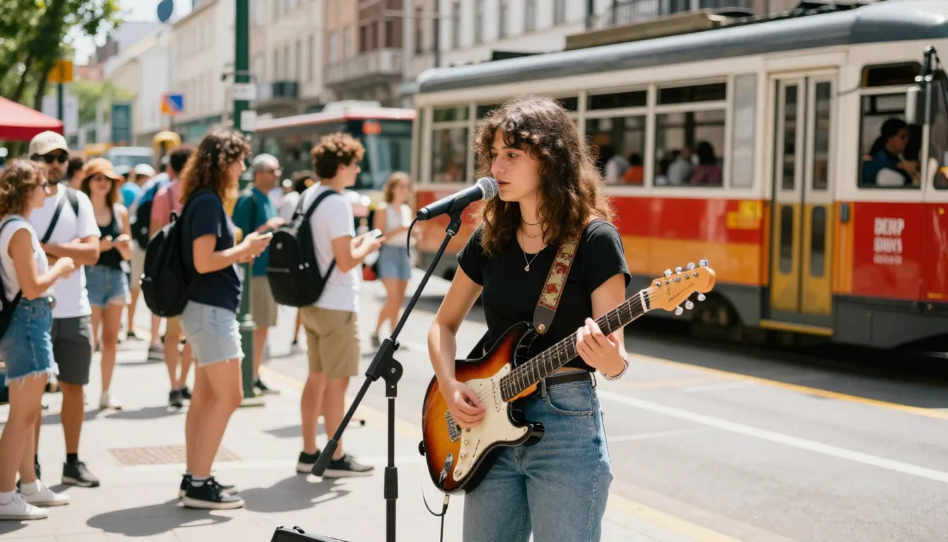 Vibrant street photography of a girl performing with an elec...