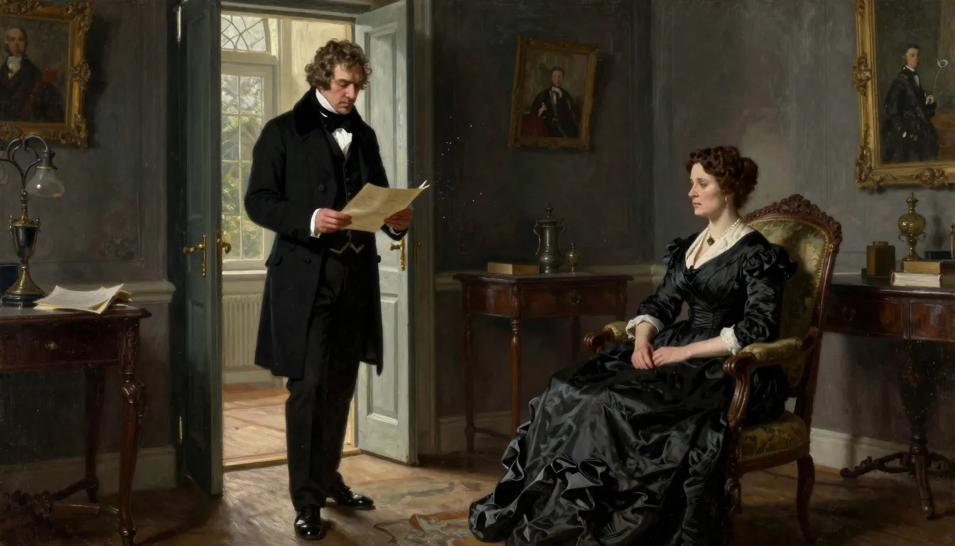 A 19th-century Russian nobleman in a dark frock coat reading...