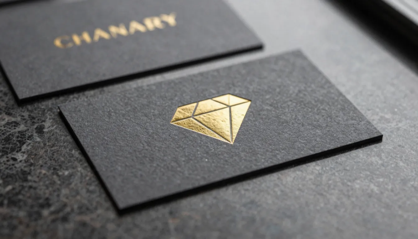 Close-up of a premium business card on a marble desk, emboss...