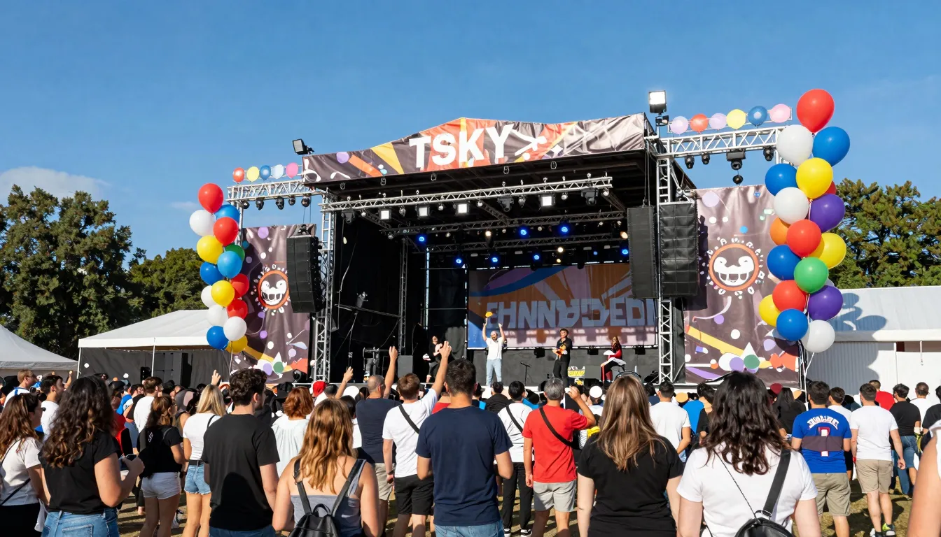 A vibrant city festival scene with a large stage, colorful b...