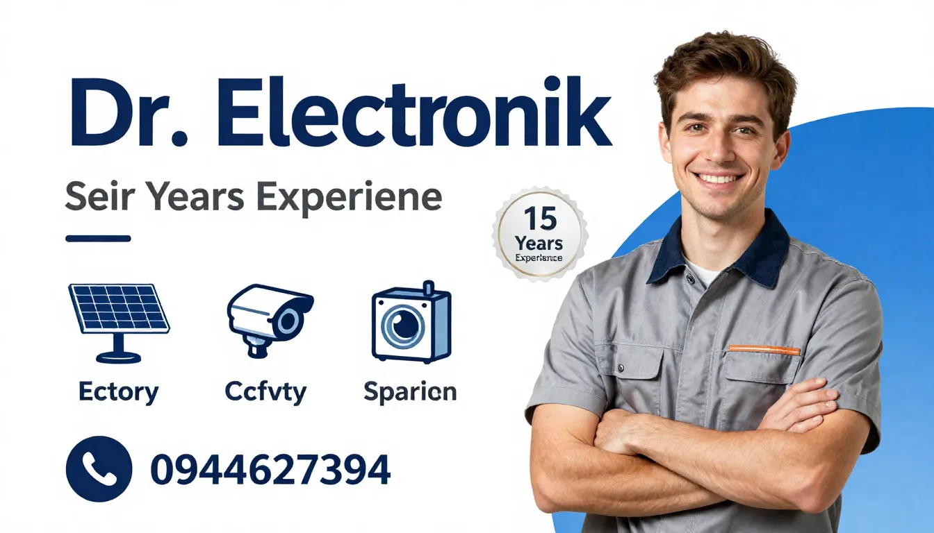 Professional marketing flyer for 'Dr. Electronik'. A friendl...